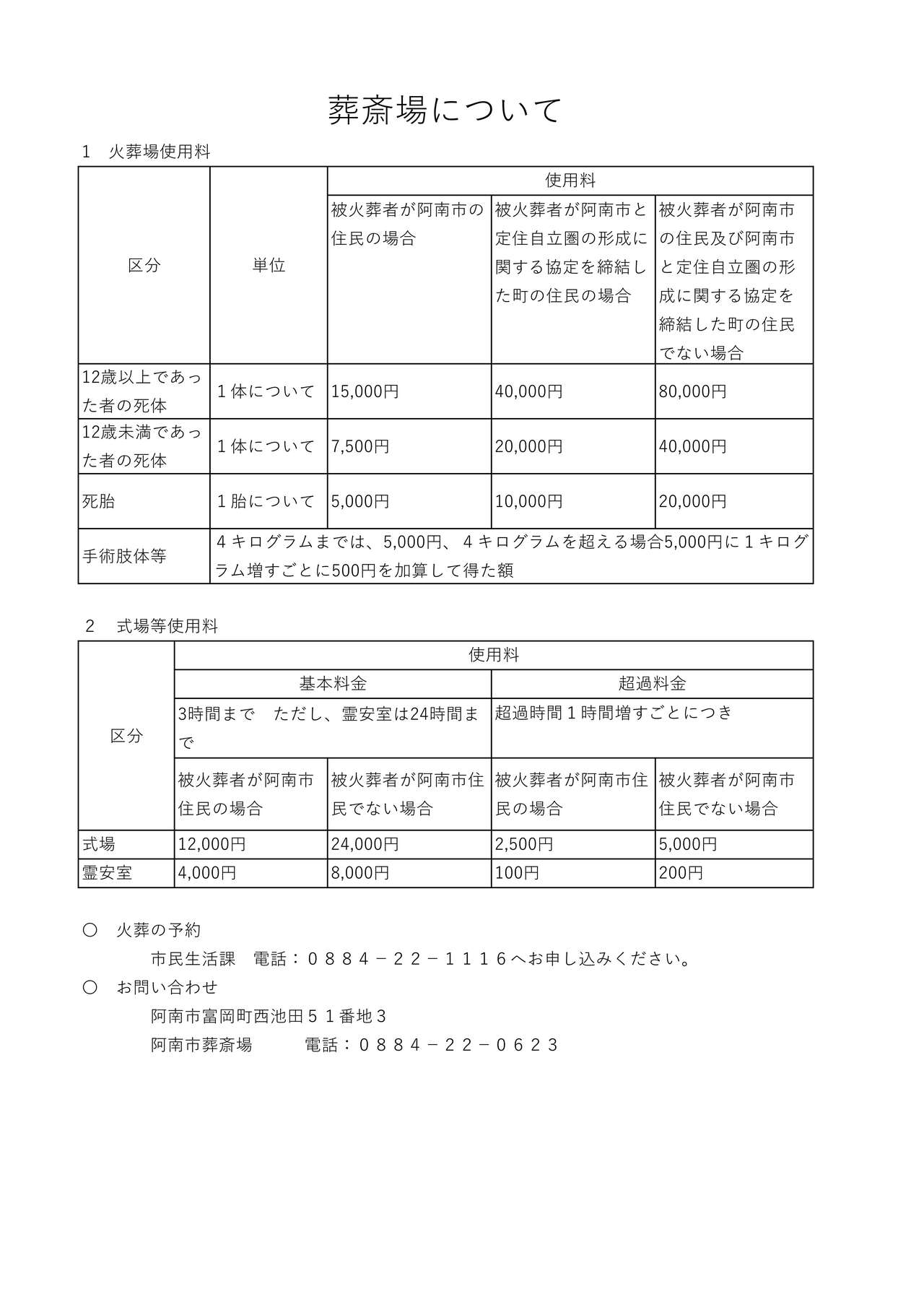 火葬場使用料金